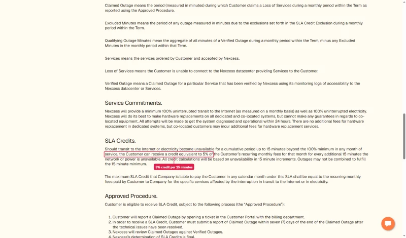 Nexcess SLA credits: 5% of the recurring monthly fee for every 15 minutes the network or power is unavailable