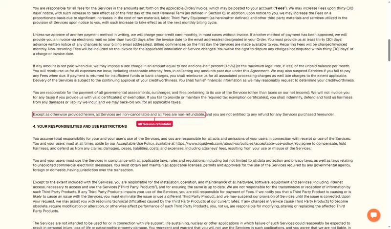 Liquid Web Terms of Service: all Services are non-cancellable and all Fees are non-refundable