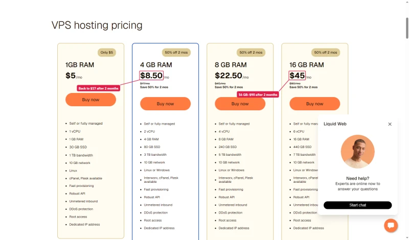 Liquid Web VPS cards: 1GB $5, 4GB $8.50 from $17, 8GB $22.50 from $45, 16GB $45 from $90, save 50% for 2 months
