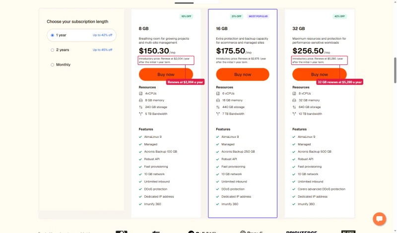 Liquid Web VPS packages on 1 year: 8GB $150.30 renews $2,004 a year, 16GB $175.50 renews $2,676, 32GB $256.50 renews $5,280