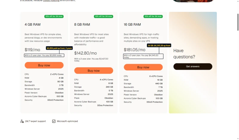 Liquid Web Windows VPS: 4GB $119 a month on a 2-year plan, $2,856 today; 16GB $181.05, $4,345.20 today