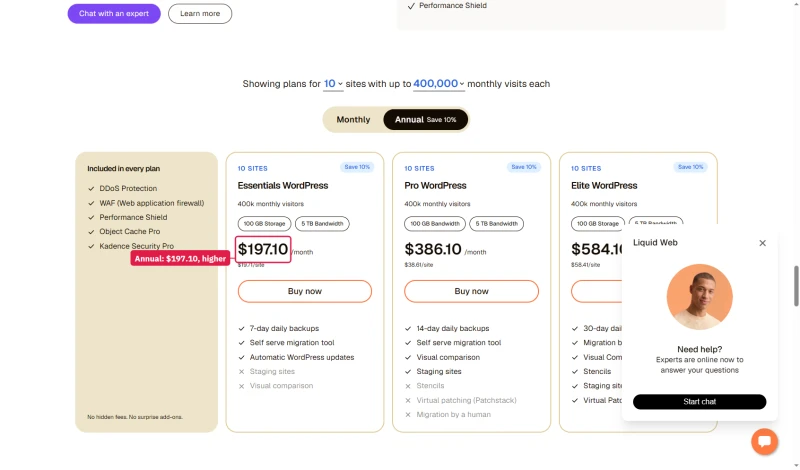 Liquid Web WordPress, 10 sites with 400,000 visits, annual: Essentials $197.10 a month under Save 10%