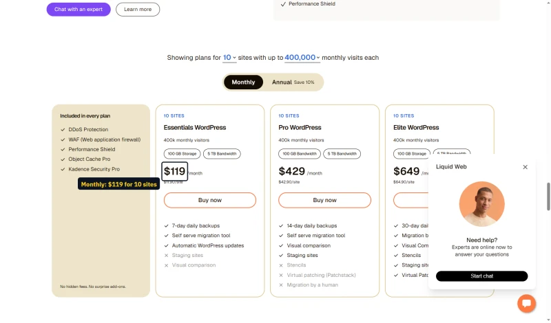 Liquid Web WordPress, 10 sites with 400,000 visits, monthly: Essentials $119, Pro $429, Elite $649 a month