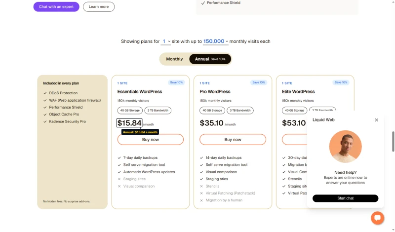 Liquid Web pricing page, 1 site with 150,000 visits, annual: Essentials $15.84, Pro $35.10, Elite $53.10 a month