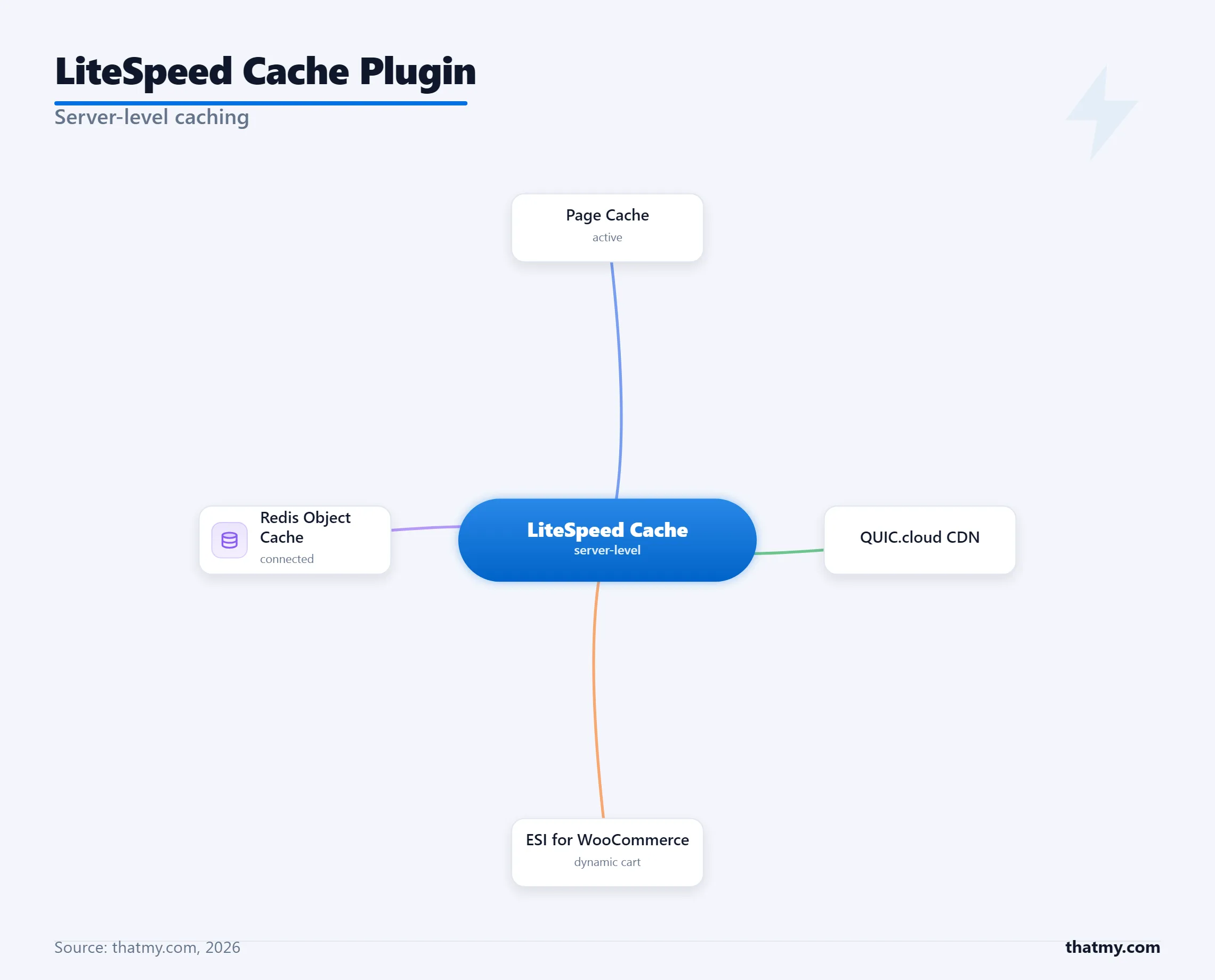 LiteSpeed Cache plugin: server-level page cache active, QUIC.cloud CDN, ESI for WooCommerce, and Redis object cache connected