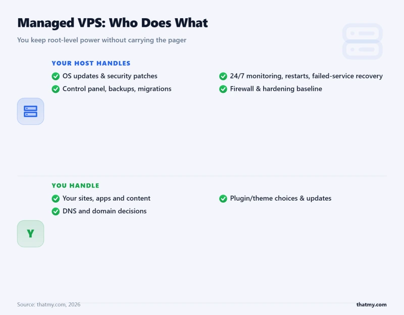 Managed VPS responsibilities: host handles patching, monitoring, backups and hardening; you handle sites and content