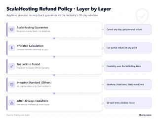 Layer-stack diagram of ScalaHosting's anytime guarantee: full refund within 30 days, pro-rated refund anytime after, and no