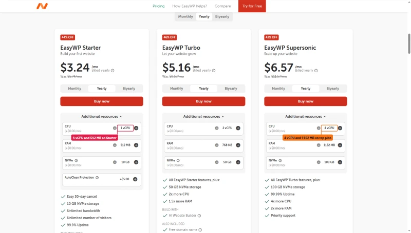 Namecheap EasyWP Additional resources: Starter 1 vCPU and 512 MB, Turbo 2 vCPU, Supersonic 4 vCPU and 1152 MB