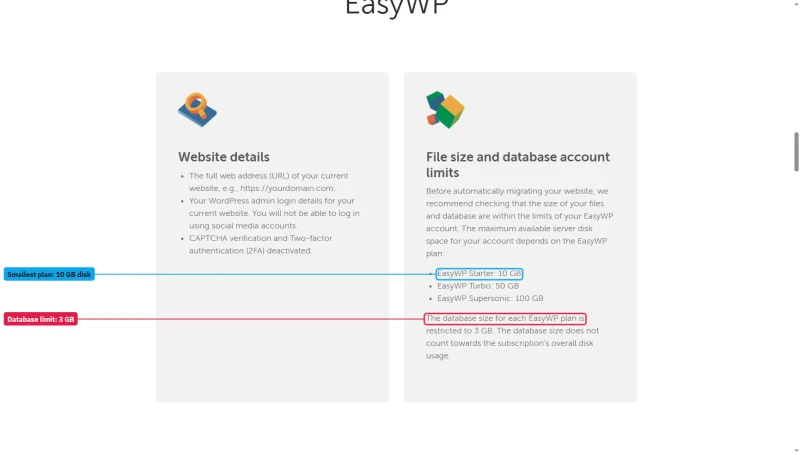 Namecheap EasyWP migration page: Starter 10 GB, Turbo 50 GB, Supersonic 100 GB disk; database restricted to 3 GB