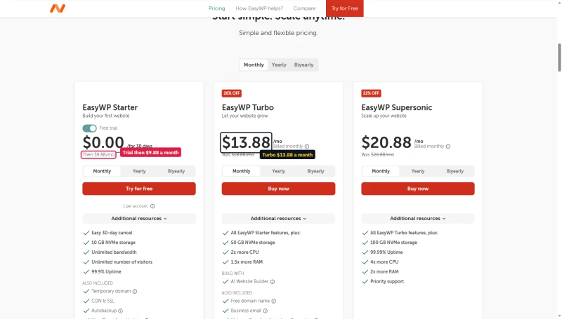 Namecheap EasyWP monthly cards: Starter $0.00 for 30 days then $9.88, Turbo $13.88, Supersonic $20.88 a month