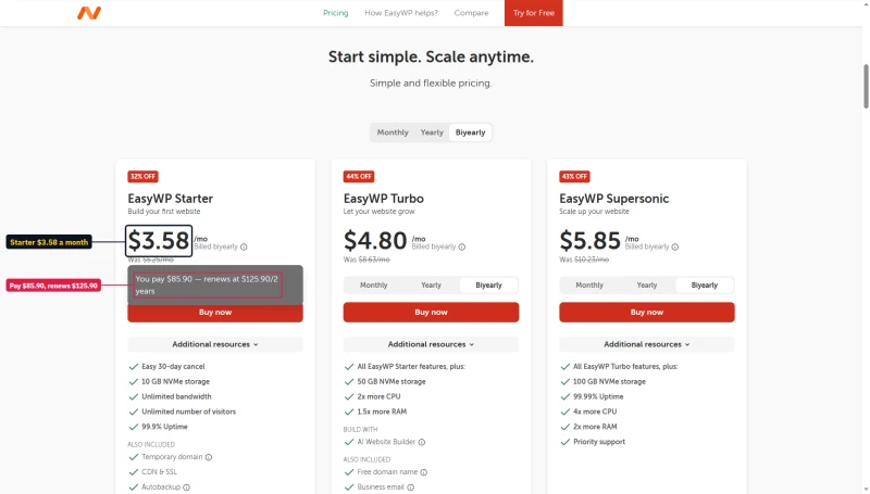 EasyWP Starter two-year price tooltip: You pay $85.90, renews at $125.90 every 2 years