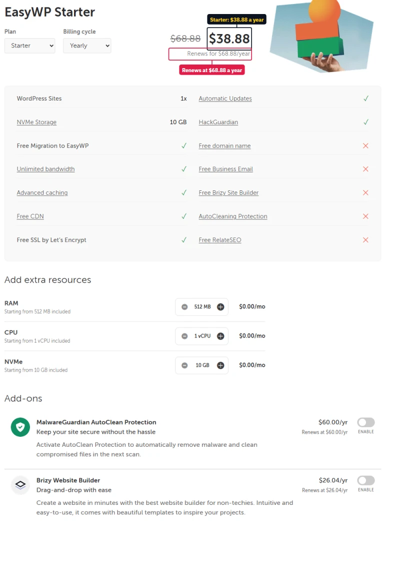 EasyWP Starter yearly overview: $38.88 for the first year, renews for $68.88 a year, add-ons offered