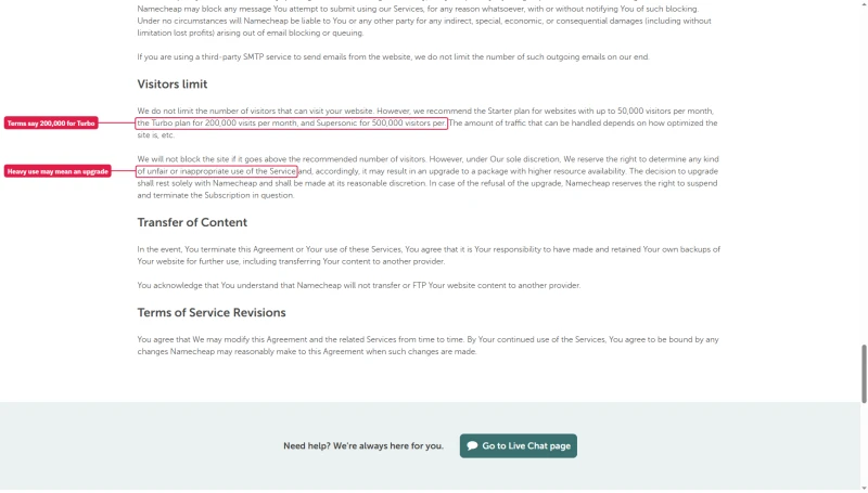 EasyWP Terms of Service, visitors limit: Starter 50,000, Turbo 200,000, Supersonic 500,000; heavy use may force an upgrade