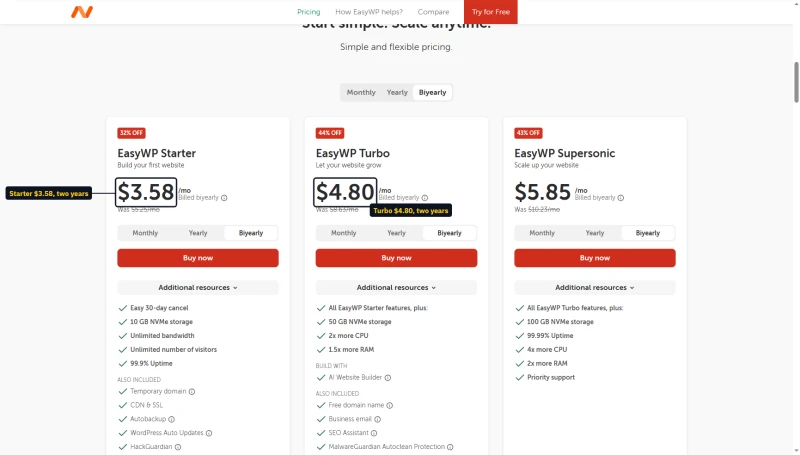Namecheap EasyWP two-year cards: Starter $3.58, Turbo $4.80, Supersonic $5.85 a month, was $5.25, $8.63, $10.23