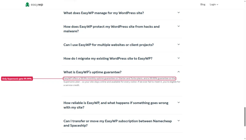 easywp.com FAQ: 99.9% monthly uptime guarantee on Starter and Turbo, 99.99% on Supersonic, with a service credit
