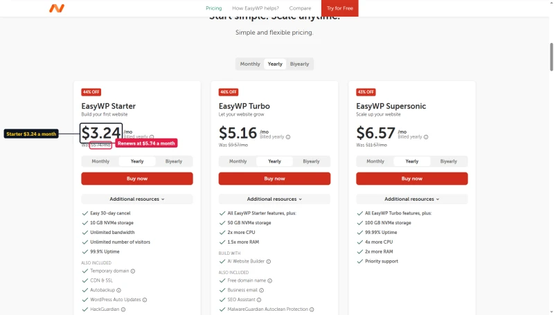 Namecheap EasyWP yearly cards: Starter $3.24, Turbo $5.16, Supersonic $6.57 a month, renewing at $5.74, $9.57, $11.57