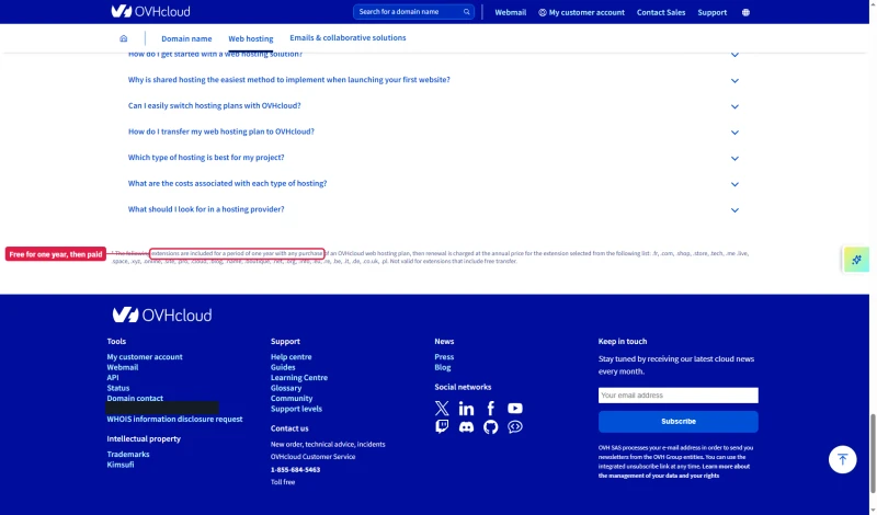 OVHcloud footnote: domain extensions included for one year with any web hosting plan, then renewed at the annual price