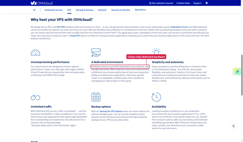 OVHcloud VPS page, a dedicated environment: hardware resources are fully dedicated to your projects