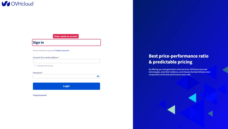 OVHcloud sign-in page reached from the order: account ID or email and password before the order continues