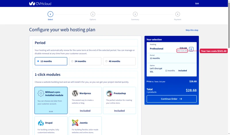 OVHcloud Pro order funnel: 12, 24 or 48 months; Hosting Professional $28.68 then $141.48