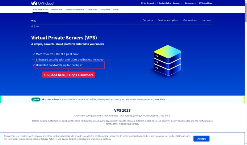 OVHcloud US VPS page: unlimited bandwidth, up to 1.5 Gbps; Local Zone in more than 15 cities