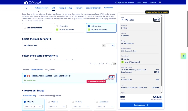 OVHcloud VPS-1 configurator: 12 months saves 15% per month, $4.54 ex. taxes, $54.48 total, Canada East preselected
