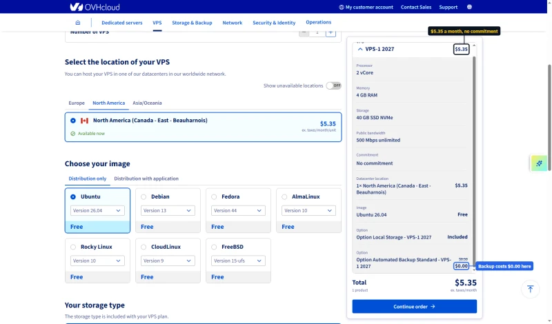 OVHcloud VPS-1 summary with no commitment: $5.35 a month; Automated Backup Standard $0.50 struck to $0.00