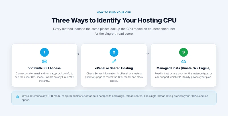 Three methods to identify your hosting CPU: via SSH access, through cPanel, or by checking managed host documentation.