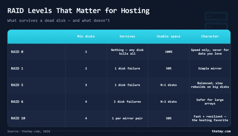 RAID levels 0, 1, 5, 6 and 10 compared by minimum disks, fault tolerance, usable capacity and trait