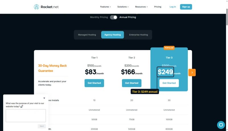 Rocket.net Agency Hosting, annual pricing: Tier 1 $83, Tier 2 $166, Tier 3 $249 a month, struck $100, $200, $300