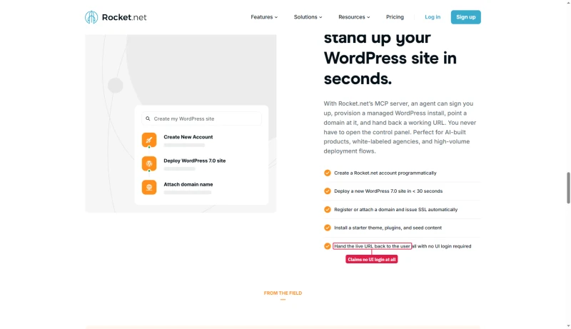 Rocket.net AI page: an agent signs you up, deploys WordPress and hands back the live URL, all with no UI login required