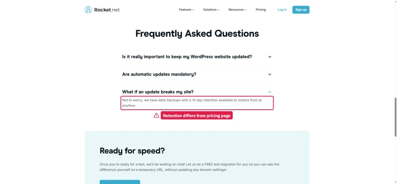 Rocket.net automatic updates FAQ answer: daily backups with a 14 day retention