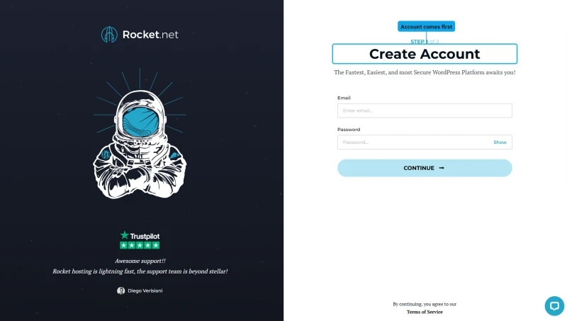 Rocket.net signup page: Step 1, Create Account, with email and password fields before any order summary