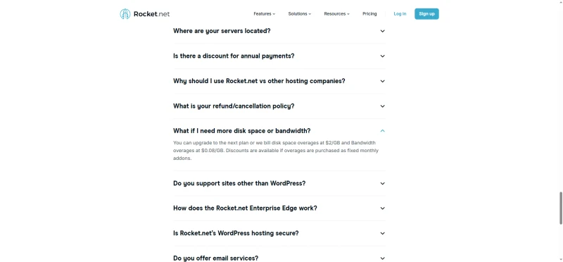 Rocket.net pricing FAQ answer on disk space and bandwidth overage prices