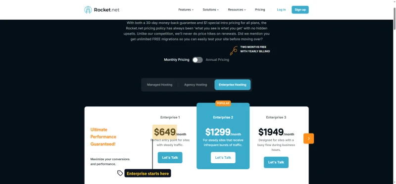 Rocket.net Enterprise Hosting tab with four dedicated plans and Let's Talk buttons