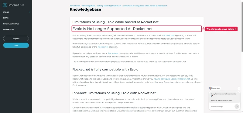 Rocket.net knowledgebase article: Ezoic is no longer supported, with the older compatibility text below