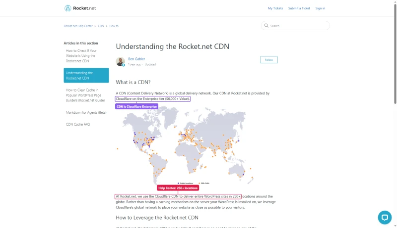 Rocket.net Help Center CDN article: Cloudflare on the Enterprise tier ($6,000+ value), WordPress sites in 250+ locations
