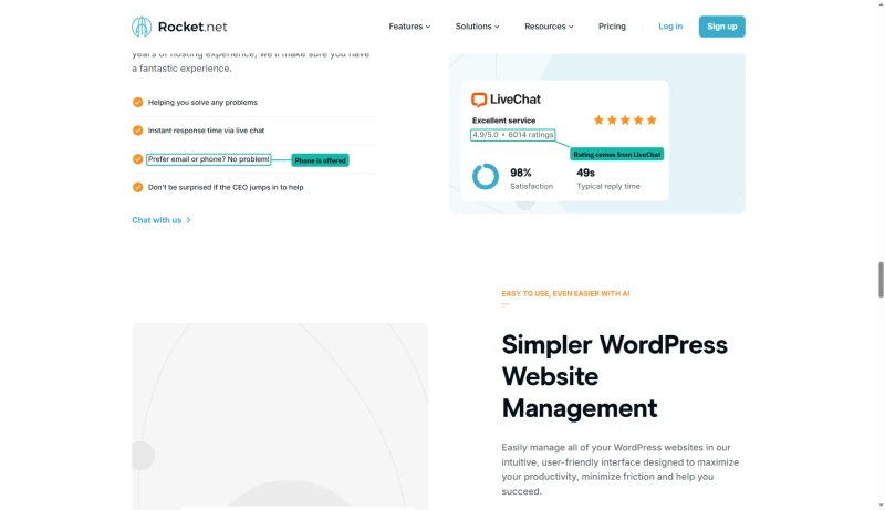 Rocket.net support block: Prefer email or phone? No problem!, LiveChat 4.9/5.0 from 6014 ratings, 98% and 49s reply