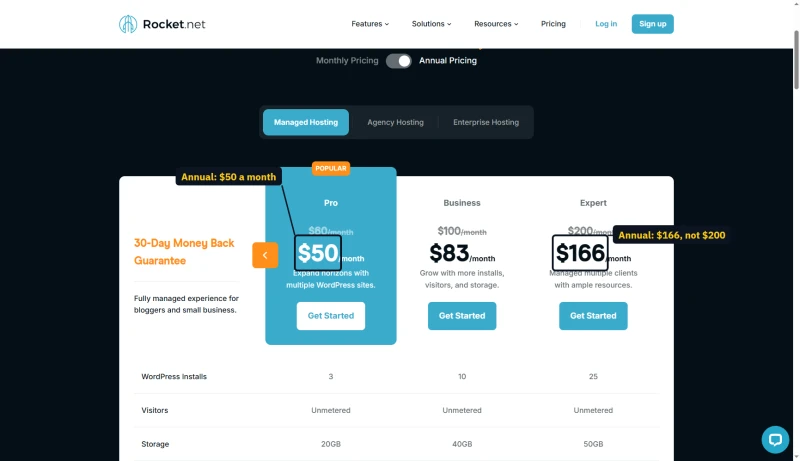 Rocket.net Managed Hosting, annual pricing: Pro $50, Business $83, Expert $166 a month, struck $60, $100, $200