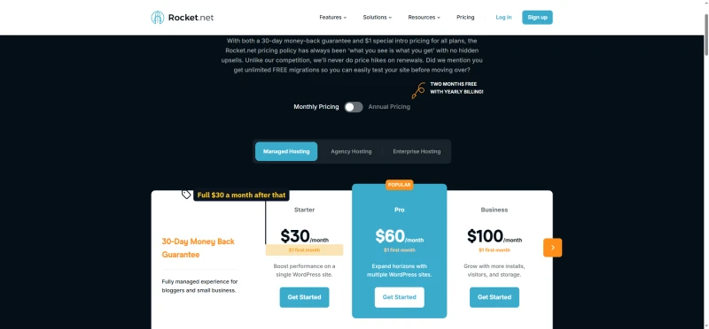 Rocket.net Managed Hosting plans on monthly pricing: Starter, Pro, Business and Expert with the $1 first month