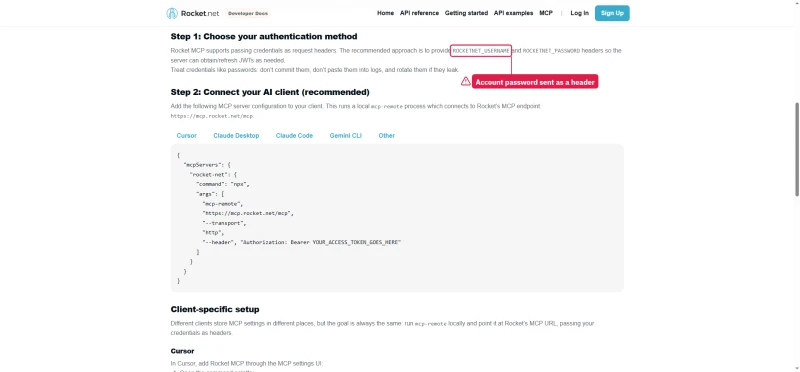 Rocket.net developer docs: MCP authentication with account username and password headers