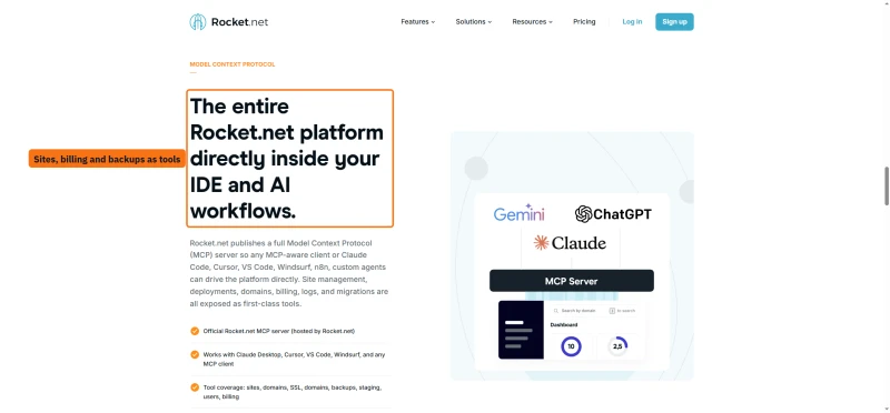 Rocket.net AI hosting page describing its Model Context Protocol server and the tools it exposes