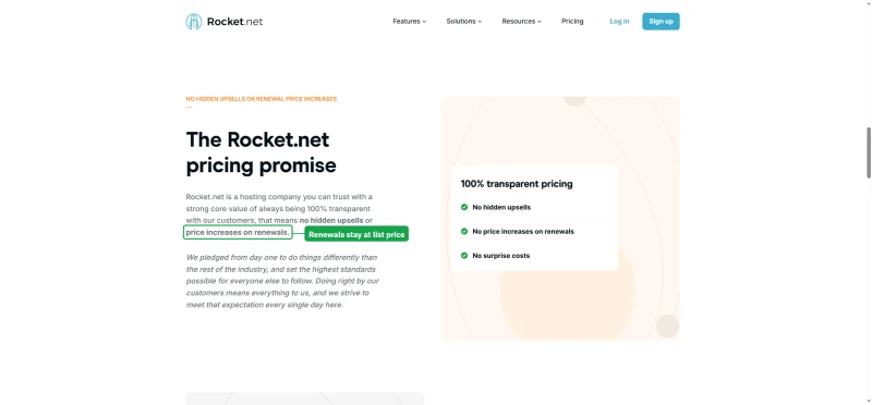 Rocket.net pricing promise: no hidden upsells, no price increases on renewals, no surprise costs