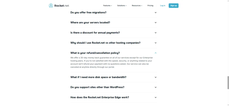 Rocket.net pricing FAQ answer on refunds: 30-day money back guarantee except Enterprise plans