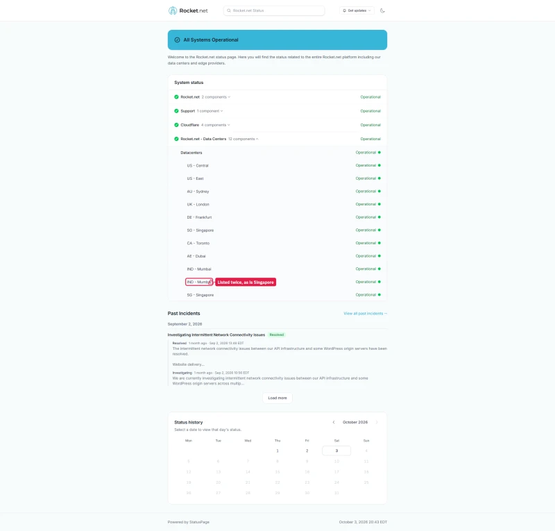 Rocket.net status page with the Data Centers group expanded, Mumbai and Singapore listed twice