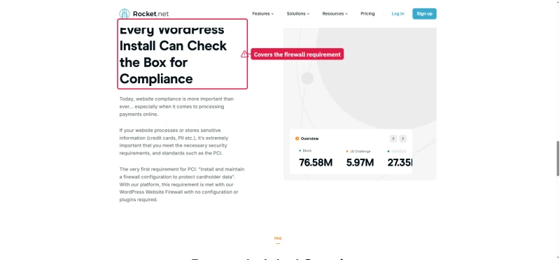 Rocket.net firewall page claiming every WordPress install can check the box for PCI compliance
