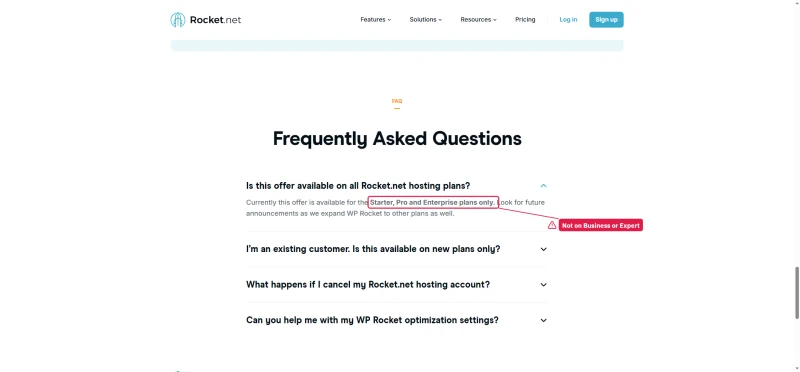 Rocket.net FAQ: free WP Rocket available on Starter, Pro and Enterprise plans only