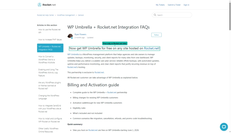 Rocket.net Help Center, WP Umbrella FAQs: Now get WP Umbrella for free on any site hosted on Rocket.net