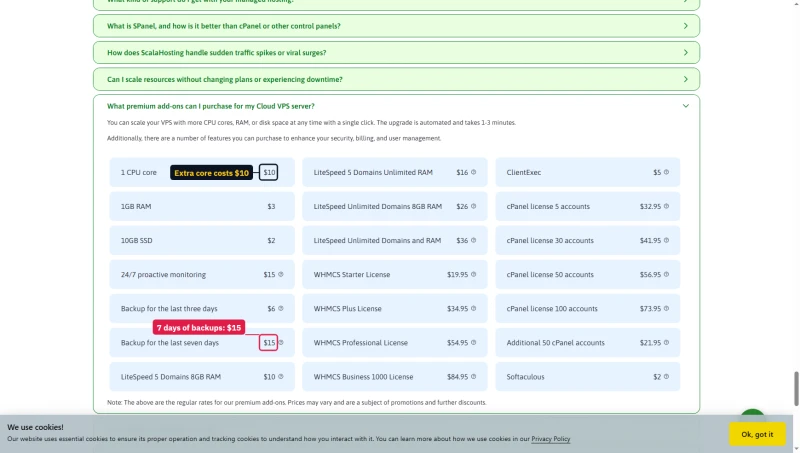ScalaHosting add-on rates: 1 CPU core $10, 1GB RAM $3, backups for 3 days $6 and 7 days $15, cPanel licence from $32.95