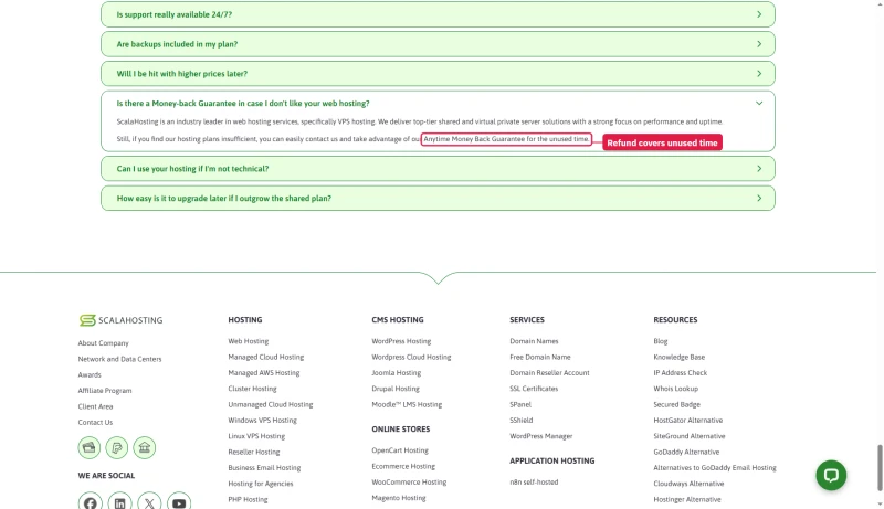 ScalaHosting FAQ: take advantage of our Anytime Money Back Guarantee for the unused time